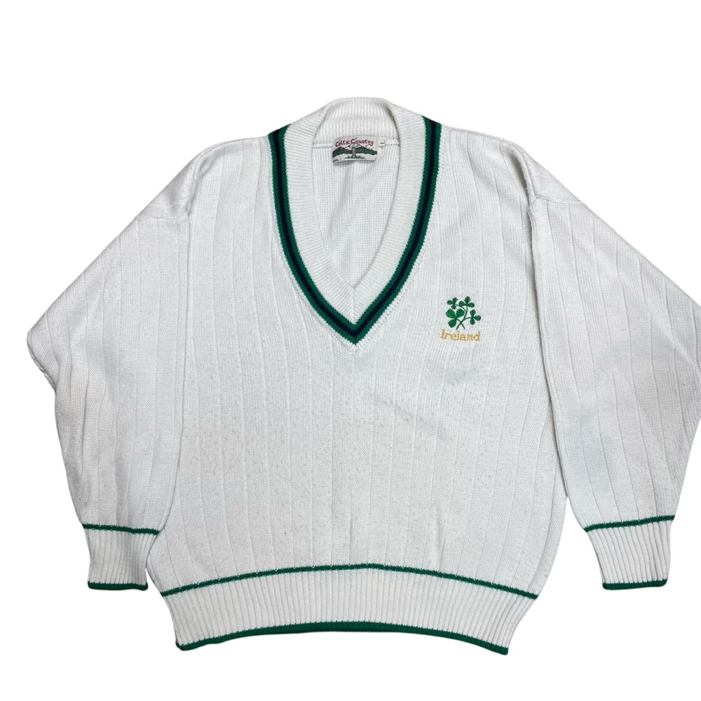 VTG Ireland Sweater White LG Heritage Tourist Tennis Prep Crest Golf Old Money
